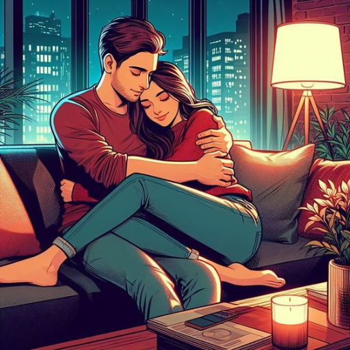 Illustration of a couple embracing on a sofa with a cityscape background at night