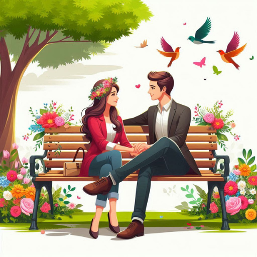 Illustration of a couple sitting on a park bench surrounded by colorful flowers and birds in flight