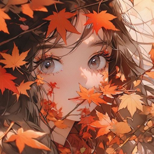 Illustration of a girl with maple leaves in her hair, big eyes, and autumnal tones