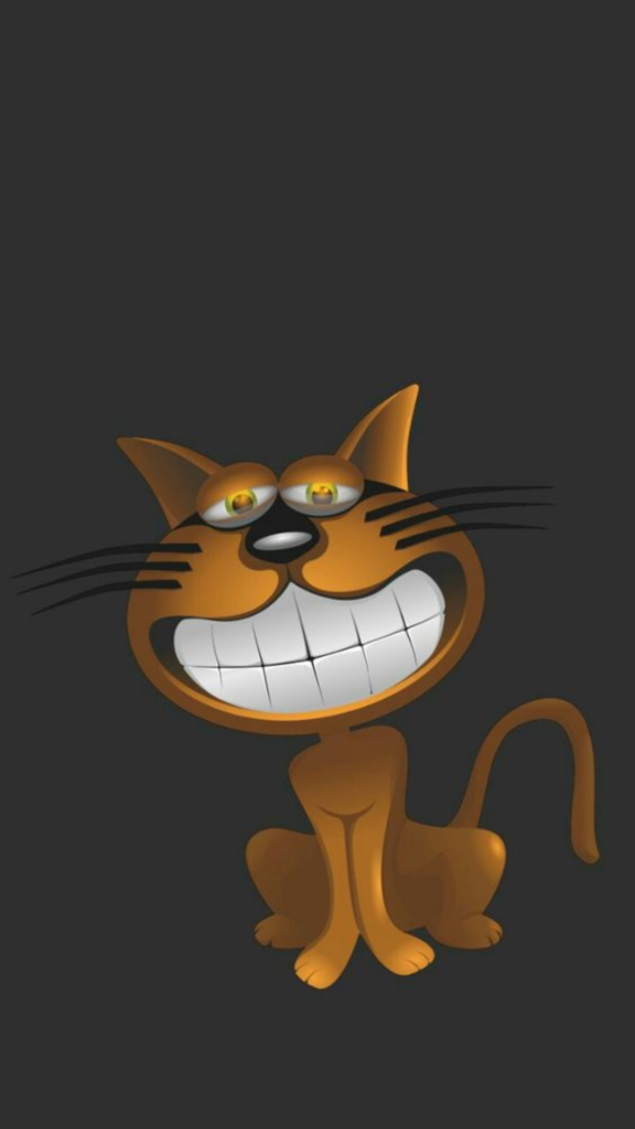 Illustration of a grinning orange cat with wide eyes on a dark background