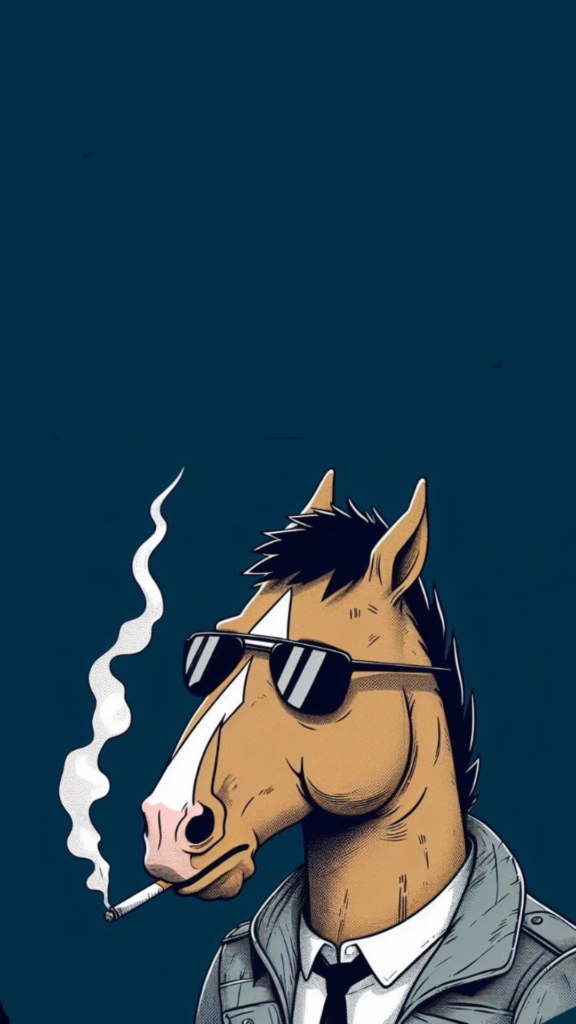 Illustration of a horse in sunglasses smoking a cigarette against a dark background