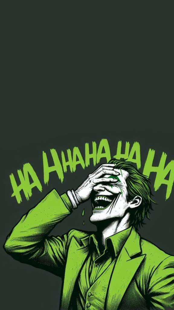 Illustration of a laughing comic book character in green suit with _HAHAHA_ text above