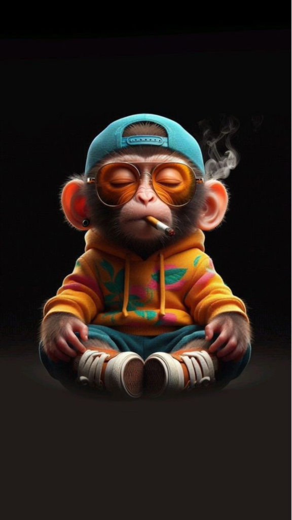 Illustration of a monkey in meditation pose wearing colorful hoodie and headphones