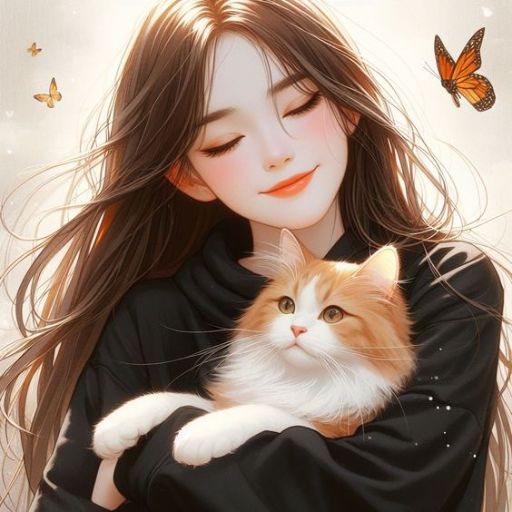 Illustration of a person holding an orange and white cat, with butterflies around