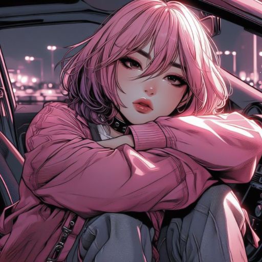 Illustration of a person in a pink jacket resting on a car steering wheel at night