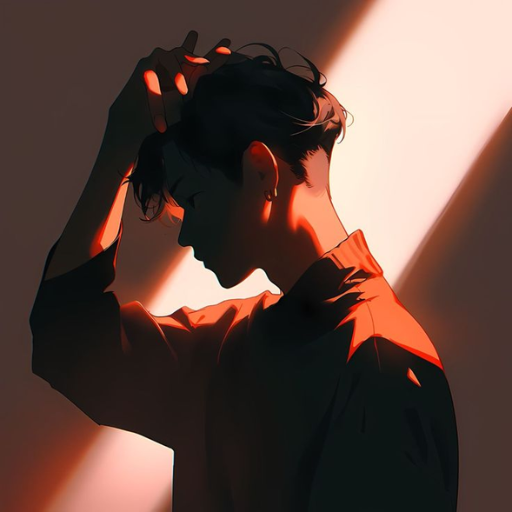 Illustration of a person in a red shirt, hand in hair, with dramatic shadows