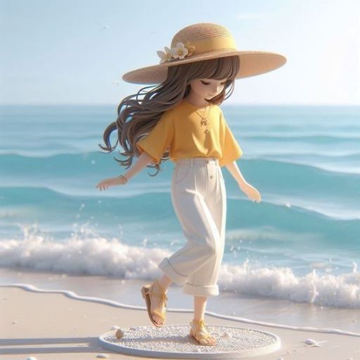 Illustration of a person in yellow shirt & white pants walking on a beach with waves in the background