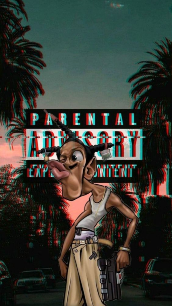 Illustration of a person with a tank top and trousers holding a gun, with palm trees and _Parental Advisory_ sign in the background