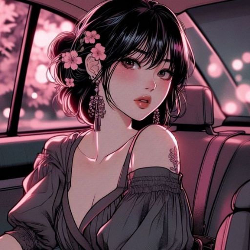 Illustration of a person with flower adornments sitting in a car, with a pink-toned background