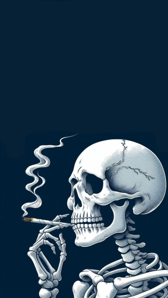 Illustration of a skeleton smoking a cigarette against a dark blue background