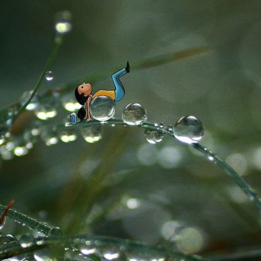 Illustration of a small cartoon person lounging on a dew-covered blade of grass among glistening water droplets