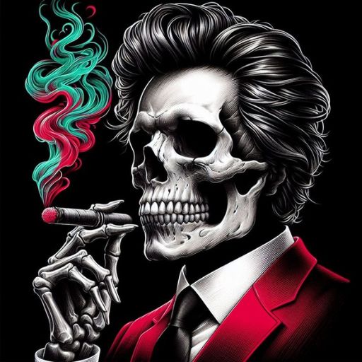 Illustration of a stylized skeletal figure with hair, wearing a red suit, holding a lit cigar emitting colorful smoke