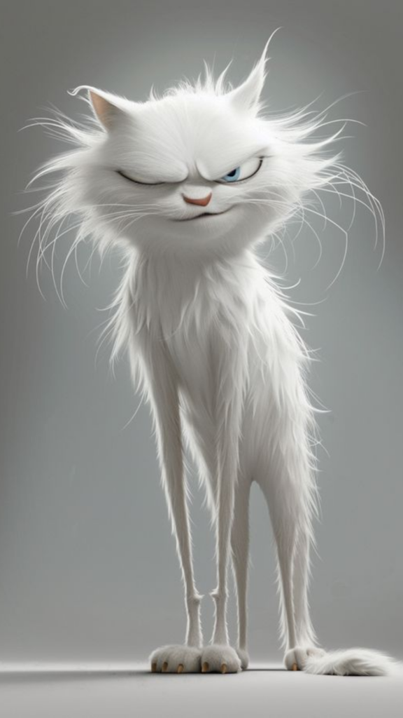 Illustration of a tall, slender white cat standing with a slightly annoyed expression