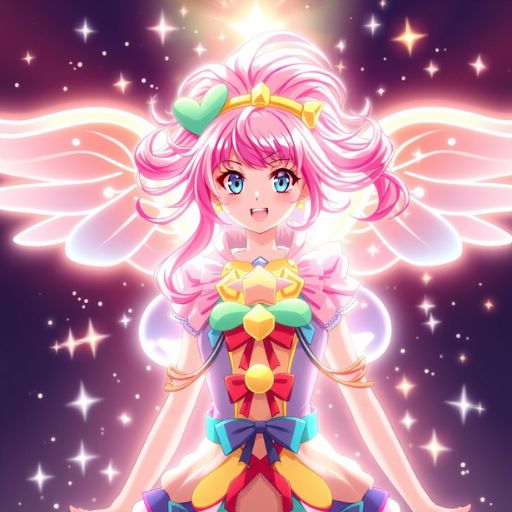 Illustration of an animated character with pink hair and angelic wings against a starry background