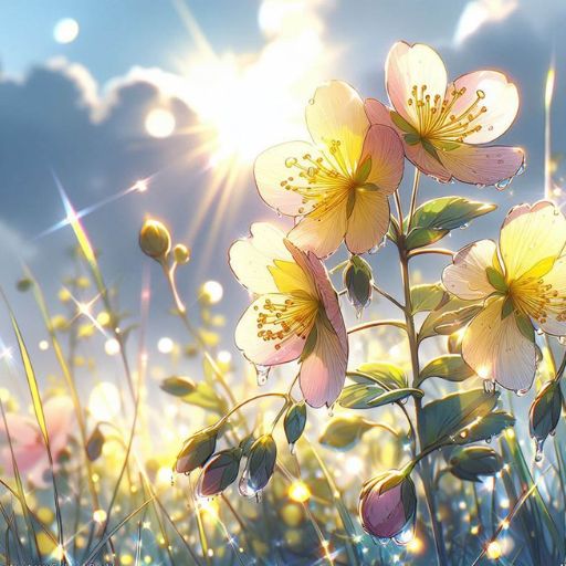 Illustration of sunlit wildflowers with dew and a radiant sunburst through clouds