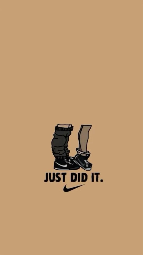 Illustration of two sneakers with the phrase _JUST DID IT_ on a beige background