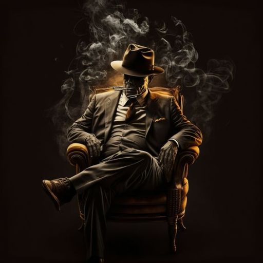 Man in suit and fedora sitting on an armchair, surrounded by swirling smoke, against a dark background