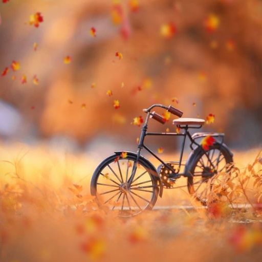 Miniature bicycle surrounded by autumn leaves with blurred falling leaves in the background