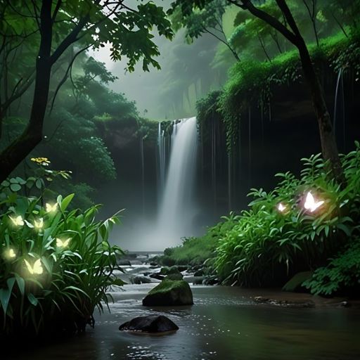 Misty waterfall in a serene, lush green forest with glowing plants by the water