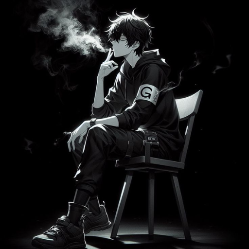 Monochrome illustration of a seated character smoking, with smoke wafting upwards, against a dark background