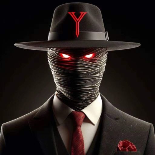 Mysterious figure in suit with bandaged head and glowing red eyes, wearing a hat with a red neon Y