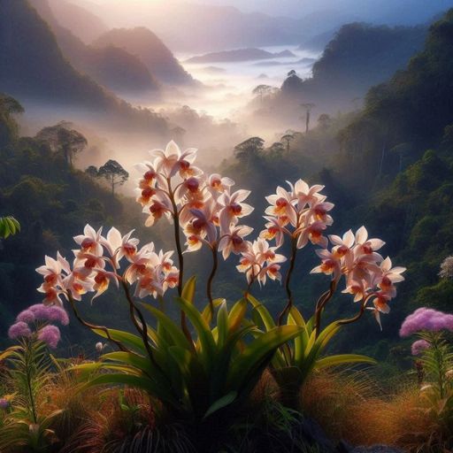 Orchids in the foreground with a misty, sunlit tropical valley in the background