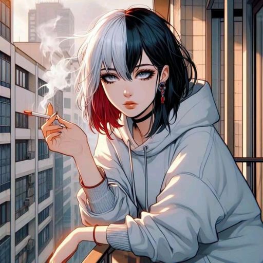 Person in a hoodie smoking on a balcony with high-rise buildings in the background