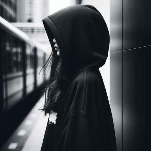 Person in a hoodie standing by a glass barrier in a modern building, with windswept hair