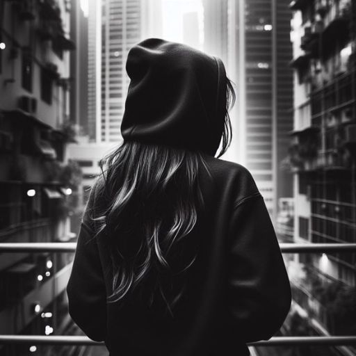 Person in hoodie looking at city buildings from a bridge, monochrome