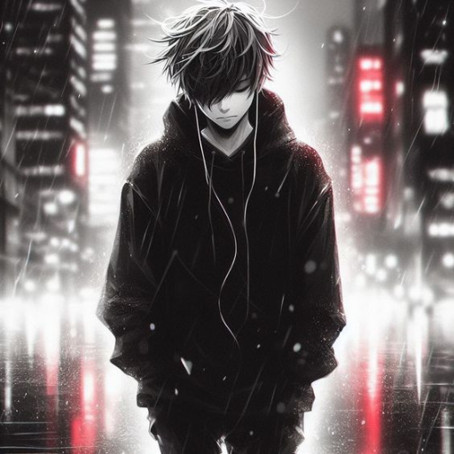 Person in hoodie with earphones standing in a rainy, neon-lit city street