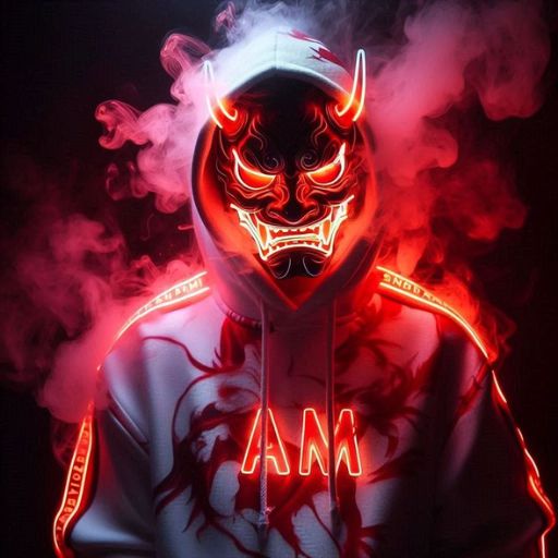 Person in hoodie with glowing red devil mask surrounded by smoke