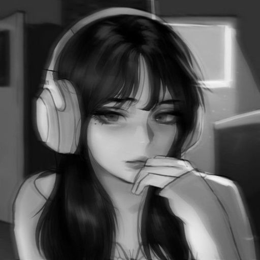 Person with headphones looking away, grayscale image