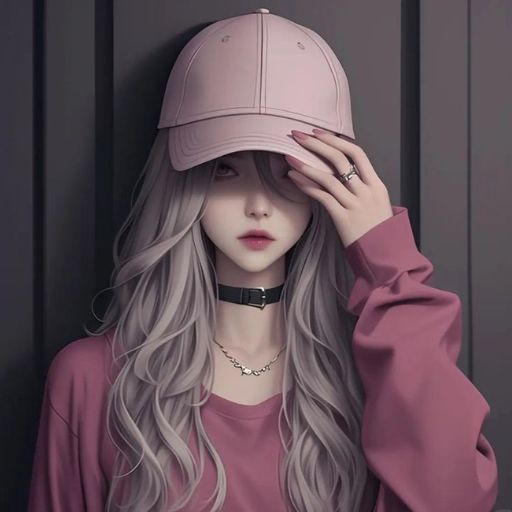 Person with long silver hair and pink cap wearing a pink sweater and a choker necklace