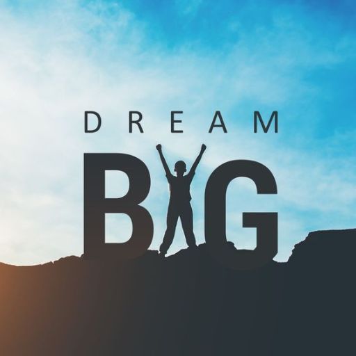 Silhouette of a person with arms raised against a sky, with the words _DREAM BIG_ overlaying the image