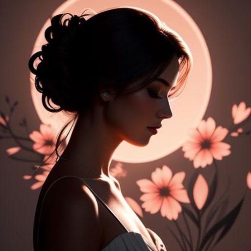 Silhouette of a woman with an updo hairstyle against a backdrop with floral patterns and a soft glowing circle