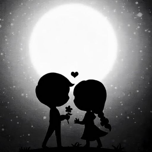 Silhouetted children with oversized heads exchanging a flower under a large bright moon, with a heart above them