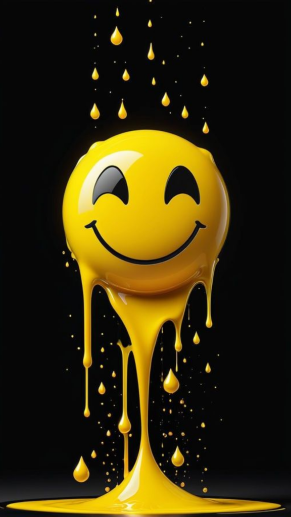 Smiley face emoji made of dripping yellow paint against a black background