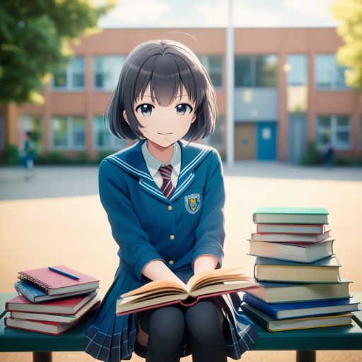 Student in a school uniform sitting and reading a book with piles of books beside her