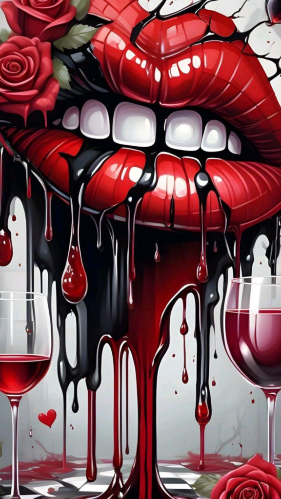 Stylized red lips dripping with liquid above wine glasses, roses, and a heart