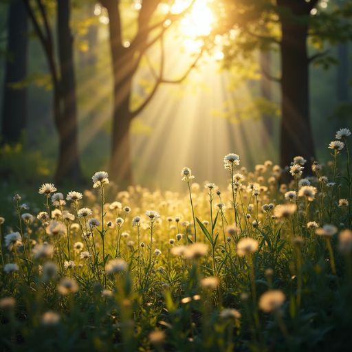 Sunbeams shine through trees onto a meadow of white flowers