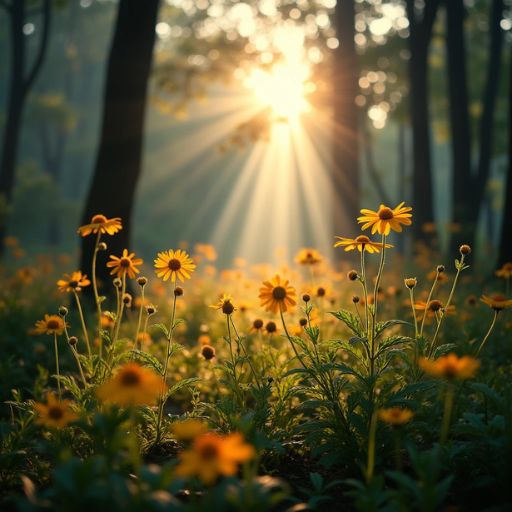 Sunrays filter through trees, illuminating yellow flowers in a serene forest scene