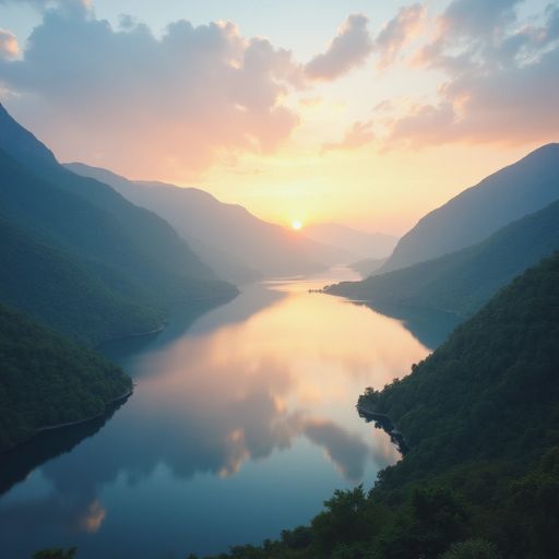 Sunrise over a tranquil lake nestled between mountain ranges, with mist and reflections