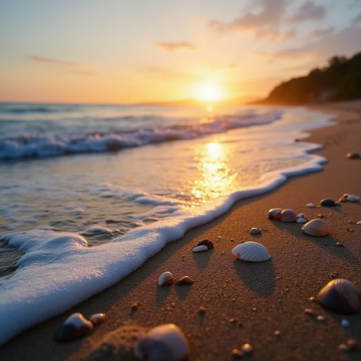 Sunset at a beach with waves and scattered seashells on the sand