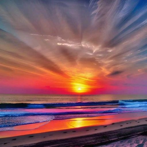 Sunset over ocean with colorful sky and reflective shoreline