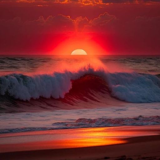 Sunset over ocean with half-sunken sun casting a red glow on clouds, waves cresting in the foreground