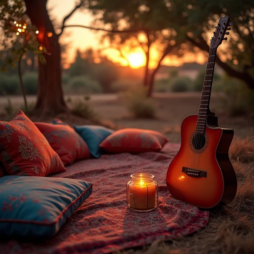 Sunset scene with guitar, lit candle, and cushions on a rug outdoors