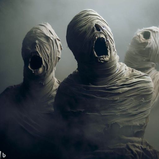 Three figures shrouded in bandages with mouths agape, creating a haunting scene