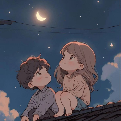 Two animated children sitting on a rooftop under a starry night sky with a crescent moon