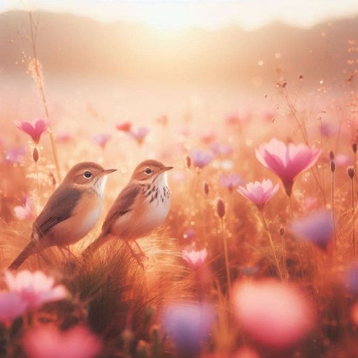 Two birds perched in a vibrant field of flowers at sunset