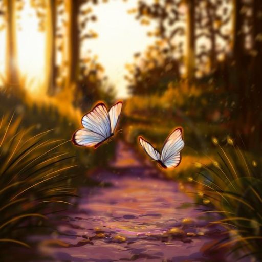 Two butterflies flying over a sunlit forest path